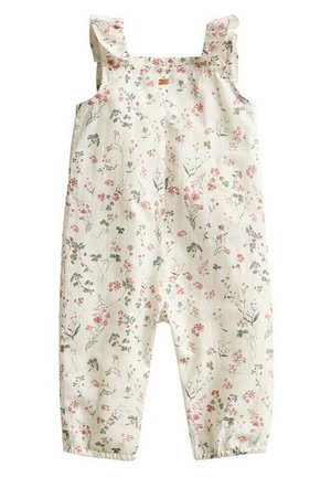 Baby-dragt i cremefarve med blomsterprint i pink og grøn, flæsekantede skulderstropper og rynkede benåbninger.