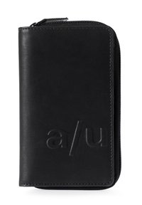 Black zippered wallet made of textured material, featuring a debossed logo on the front and a streamlined rectangular shape.