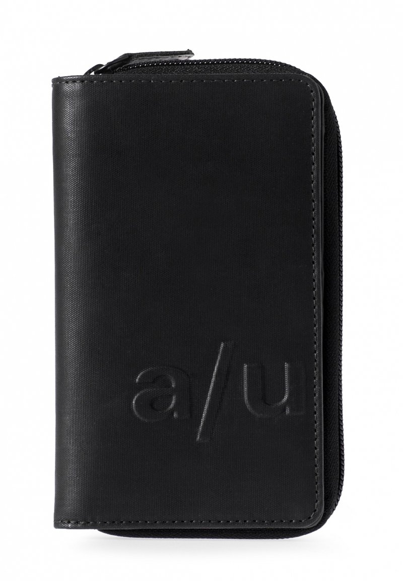 Black zippered wallet made of textured material, featuring a debossed logo on the front and a streamlined rectangular shape.
