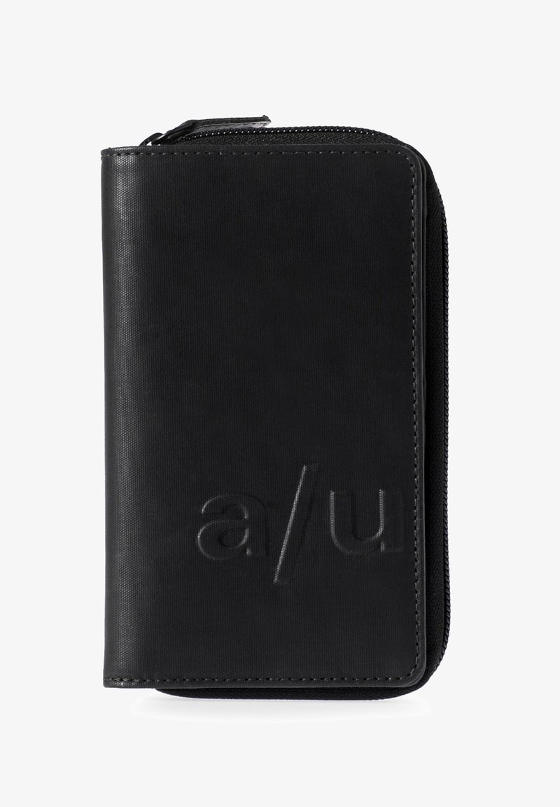 Black zippered wallet made of textured material, featuring a debossed logo on the front and a streamlined rectangular shape.