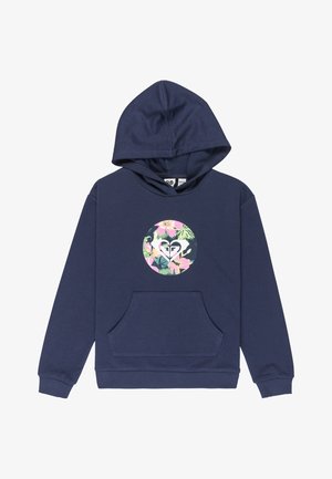 Felpa blu navy in cotone misto. Presenta una tasca frontale, polsini a costine e una grafica floreale circolare sul petto.