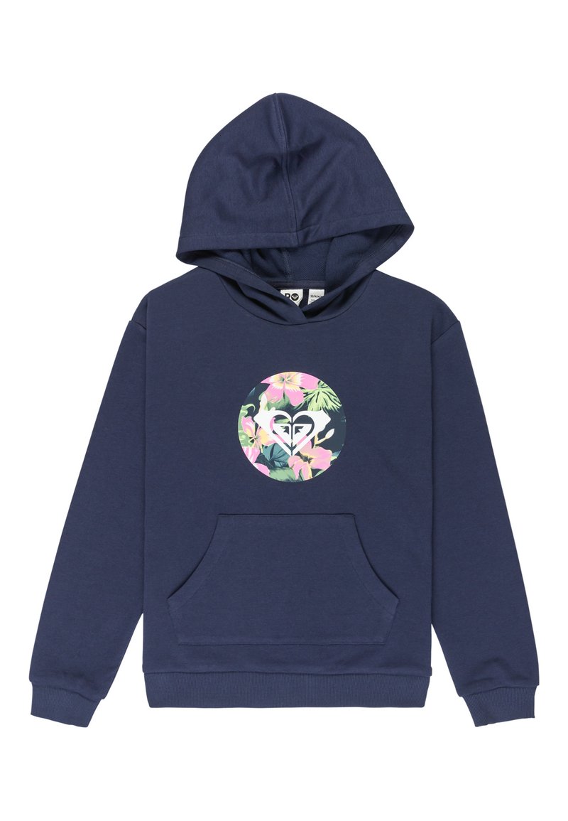Haut à capuche bleu marine en tissu mélangé coton. Présente une poche avant, des poignets côtelés et un motif floral circulaire sur la poitrine.