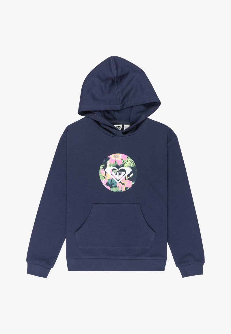 Sudadera azul marino hecha de una mezcla de algodón. Cuenta con un bolsillo frontal, puños acanalados y un gráfico floral circular en el pecho.