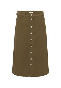 Olive green corduroy A-line skirt, featuring front pockets and center metal button closure with six buttons down the length.