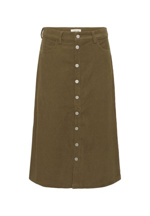 Jupe A-line en velours côtelé vert olive, avec poches avant et fermeture à boutons en métal au centre avec six boutons sur toute la longueur.