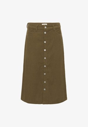 Gonna A-line in velluto a coste verde oliva, con tasche frontali e chiusura centrale con bottone metallico, dotata di sei bottoni lungo la lunghezza.