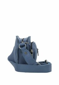 Borsa a tracolla in pelle blu con superficie testurizzata, dotata di due scomparti con zip, una tracolla rimovibile e dettagli in metallo argentato.