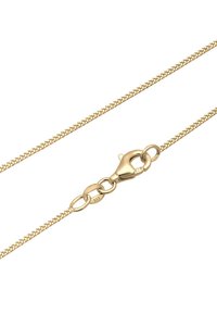 Gouden ketting met een gestructureerd ronde schakels ontwerp. Voorzien van een veilige karabijnsluiting. Lengte zichtbaar, tere uitstraling.