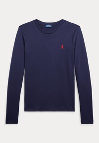 Mørkeblå langærmet T-shirt med rund hals og lille rødt broderet Polo Ralph Lauren-logo på venstre bryst.