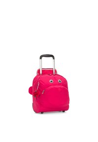 Zaino a rotelle rosa con forma arrotondata, dotato di grandi occhi palpitanti, una tasca frontale con cerniera e un portachiavi a forma di personaggio in peluche.