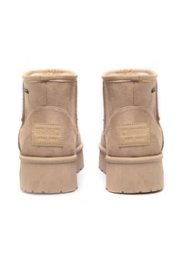 Béžové kotníkové boty s jemným semišovým povrchem, vybavené polstrovaným límcem, gumovou podrážkou a značkovou nášivkou na zadní straně. Minimalistický design.