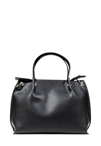 Borsa da donna in pelle nera con finitura testurizzata, doppio manico e dettagli in metallo argentato. Design spazioso con forma strutturata.