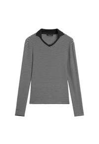 Long-sleeve shirt with black and white stripes, V-neck collar, and contrasting black collar. Made from soft fabric with a fitted shape.
