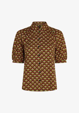 Camisa de botones de manga corta con un colorido patrón floral sobre un fondo oscuro, hecha de una tela ligera y con cuello.