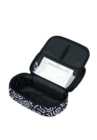 Astuccio a matita con motivo in bianco e nero, dotato di chiusura con zip, presenta una tasca trasparente interna e un rivestimento morbido.