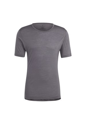 Grijze T-shirt met korte mouwen van lichtgewicht materiaal, met een ronde hals en een gladde textuur. Eenvoudig ontwerp zonder patronen of accenten.