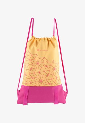 Drawstring backpack in yellow and pink. Features geometric pink patterns on yellow fabric. Soft texture with adjustable pink straps.