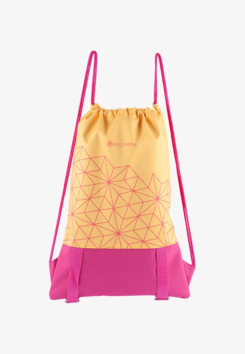 Zugband-Rucksack in Gelb und Pink, mit einem geometrischen Muster im oberen Bereich und einem einfarbigen pinken Boden sowie Trägern.