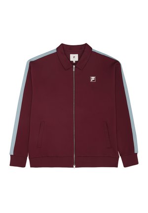 Giacca zip-up bordeaux con strisce blu laterali, colletto e patch del logo. Presenta due tasche frontali e una texture del materiale liscia.