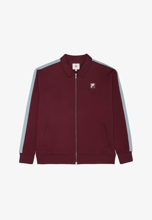 Burgundy vetoketjullinen takki sinisten sivuviivojen kanssa, kauluksellinen kaula-aukko ja logopatch. Sisältää kaksi etutaskua ja sileän materiaalin tekstuurin.