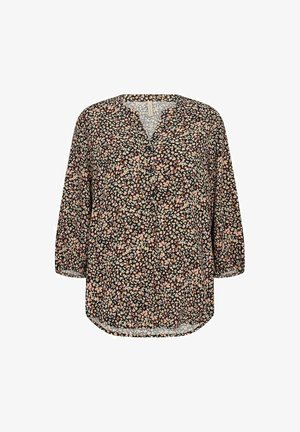 Must mustriga must, millel on roosade, kollaste ja valgete lillede mustrid, V-kaelus, kolmveerandpikkuse varrukad ning kumer hem.