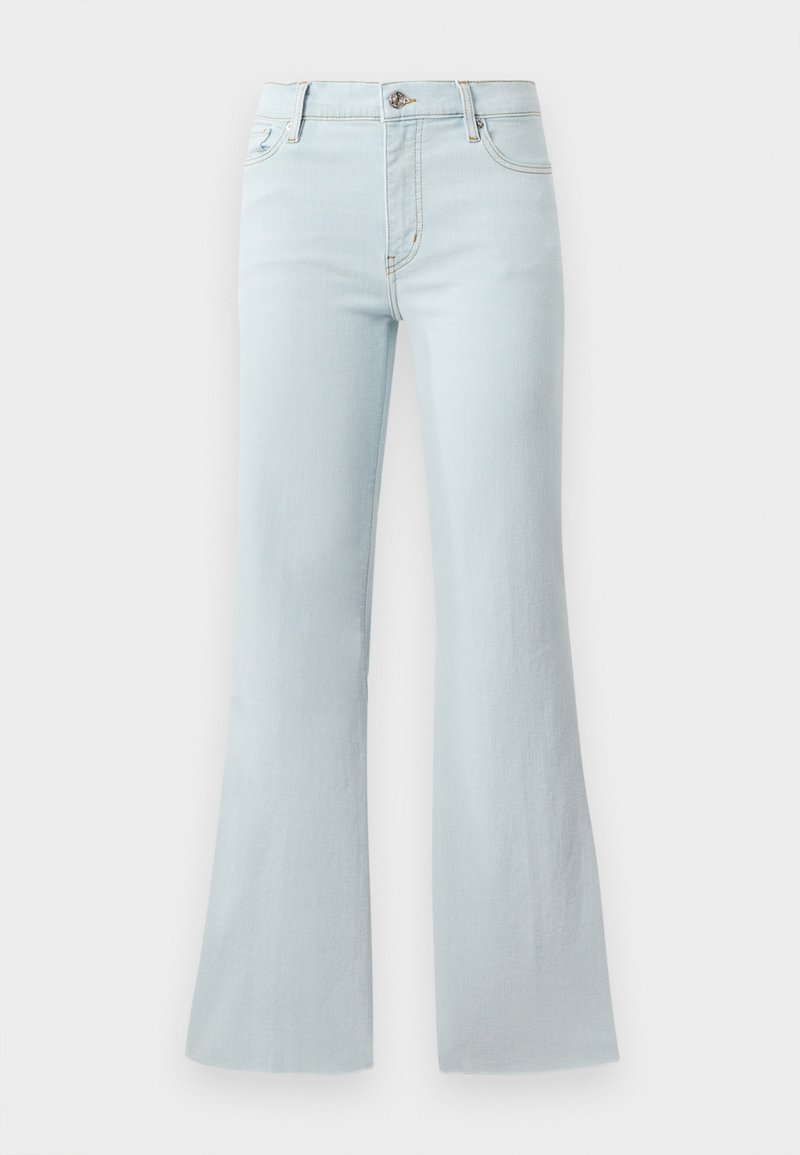 Helle blaue, ausgestellte Jeans aus Denim. Verfügt über ein klassisches Fünf-Taschen-Design und einen Frontknopfverschluss. Glatte Textur über das gesamte Material.