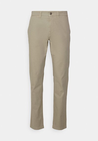 Beige cotton chinos with a straight-leg cut, featuring a button closure and standard pocket design. Smooth texture with no visible patterns.