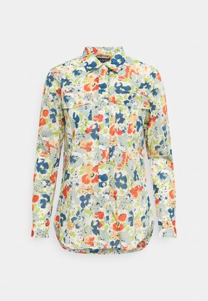 Floral-patterned long-sleeve shirt in light blue, featuring red, orange, and green hues, a button-down collar, and two chest pockets.