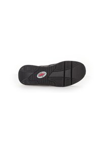 Semelle de chaussure en caoutchouc noir avec une surface texturée comportant des rainures et une forme arrondie ; inclut un logo au centre et des bords renforcés.