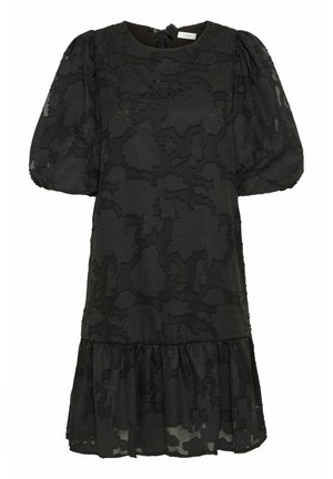 Black dress with puff sleeves, featuring a textured floral pattern. Flared hem with ruffled detail, made from lightweight fabric.