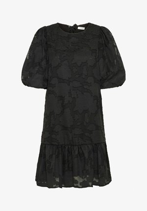 Mustatu dress, millel on puhvvarrukad ja tekstureeritud lillemuster. Laienev alläär volditud detailidega, valmistatud kergetest materjalidest.