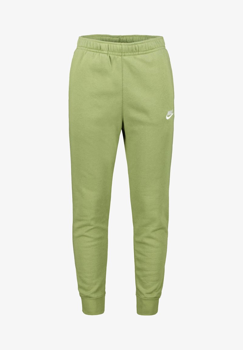 Green sweatpants made of soft cotton blend, featuring an elastic waistband and cuffs, with a white Nike logo on the left side.