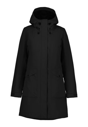 Long black hooded waterproof coat with front zipper and flap, two front pockets with buttoned flaps, and adjustable wrist straps.