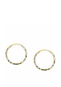 Guldtonade hoops med en texturerad yta och ett geometriskt mönster. Cirkulär form, lättviktig design. Lämpliga för vardagligt bruk.