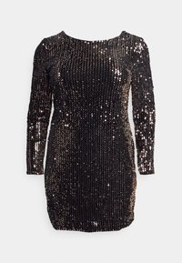 Robe noire à sequins avec manches longues, encolure bateau et silhouette ajustée, présentant une texture brillante et un ourlet court.