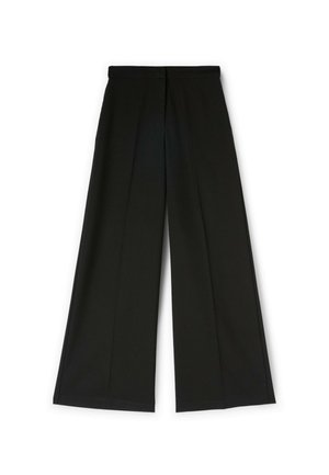 Schwarze, weit geschnittene Hosen mit einem maßgeschneiderten Design, ausgestattet mit einem hohen Taillenbund, Falten auf der Vorderseite und einer glatten Textur.