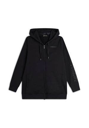 Felpa nera con zip realizzata in materiale morbido, con cappuccio. Presenta un logo sul petto e testo lungo la manica in un design riflettente.