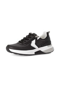 Zwarte sneaker met witte accenten, beschikt over een glad bovenwerk van synthetisch materiaal, een gestructureerd zijpaneel, ronde veters en een dikke rubberen zool.