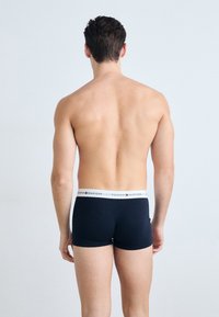 Schwarze Baumwoll-Boxershorts mit einem weißen elastischen Bund, der mit dem "TOMMY HILFIGER"-Logo versehen ist. Glatte Textur, körperbetontes Design.