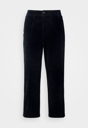 Dunkelblaue Cordhosen mit geradem Bein, ausgestattet mit einem Knopfverschluss und einer subtilen vertikalen Rippstruktur.