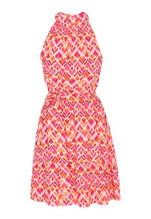 Roza halter obleka z nabrano odprtino. Ima srčni vzorec v odtenkih roza, oranžne in smetane. Na pasu se zaveže z oblikovanim dizajnom.
