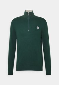 Maglione verde con zip, a maniche lunghe, con polsini e orlo a coste, caratterizzato da un piccolo logo ricamato sul petto sinistro. Tessuto morbido.