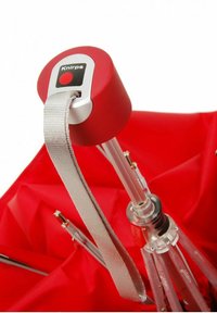 Red folding umbrella with a round red top and silver hardware, featuring transparent spokes and a grey carrying strap.