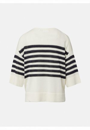 Pull blanc à manches courtes avec des rayures horizontales noires sur le dos et les manches, doté d'une coupe ample et carrée.