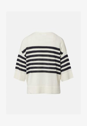 Witte trui met korte mouwen en zwarte horizontale strepen over de achterkant en mouwen, met een losse, vierkante pasvorm.