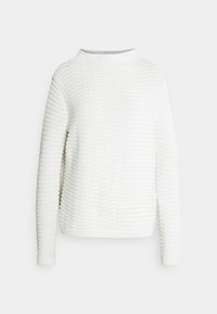 Weißer Pullover mit einer strukturierten, gerippten Optik. Er verfügt über lange Ärmel und einen hohen Kragen und ist aus einem weichen Strickmaterial gefertigt.