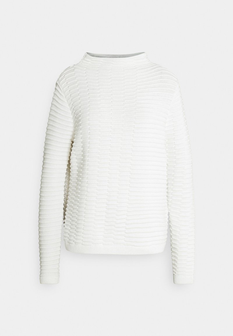 Weißer Pullover mit einer strukturierten, gerippten Optik. Er verfügt über lange Ärmel und einen hohen Kragen und ist aus einem weichen Strickmaterial gefertigt.