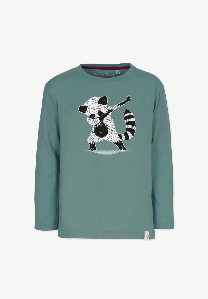 Langærmet teal bomulds skjorte med et sort-hvidt vaskebjørn grafik, der spiller guitar, og et lille logo mærke ved kanten.