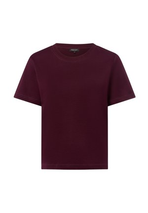 T-shirt a maniche corte semplice in un profondo color bordeaux, con collo a giro e cuciture visibili sulle maniche e sull'orlo.