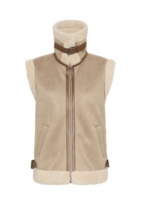Beige mouwloos vest van nepshearl met een hoge kraag. Voorzien van een ritssluiting, contrast bruin beleg en twee zijzakken.